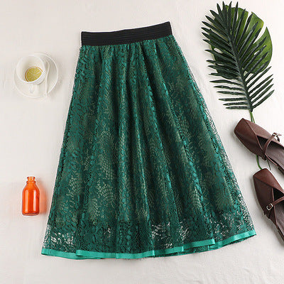 Spring And Summer Elastic High Waist Slimming Lace Crochet Hollow Large Swing A- Line Umbrella Skirt