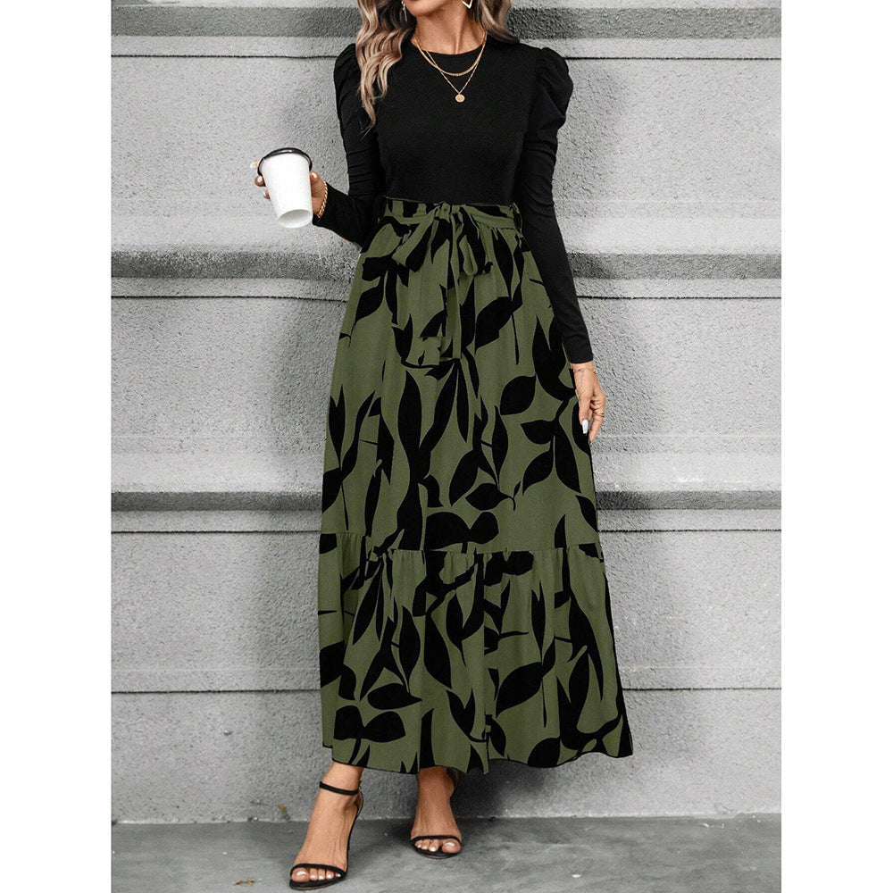 Womens Autumn Floral Print Crew-Neck Long-Sleeve Dress