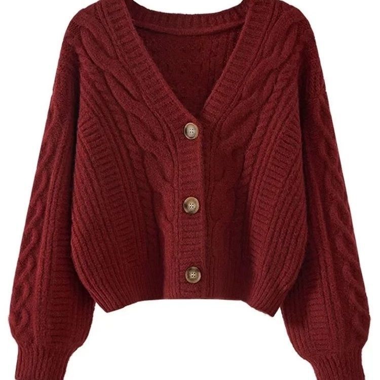 Retro V-neck Knitted Cardigan Women's Short Sweater