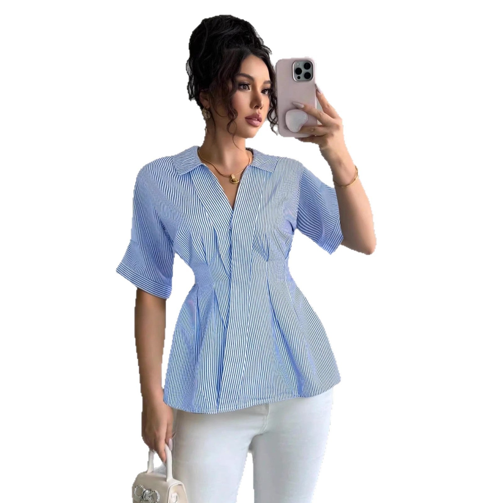 Womens SpringSummer Striped Shirt With V-Neck And Defined Waist For A Slimming Look