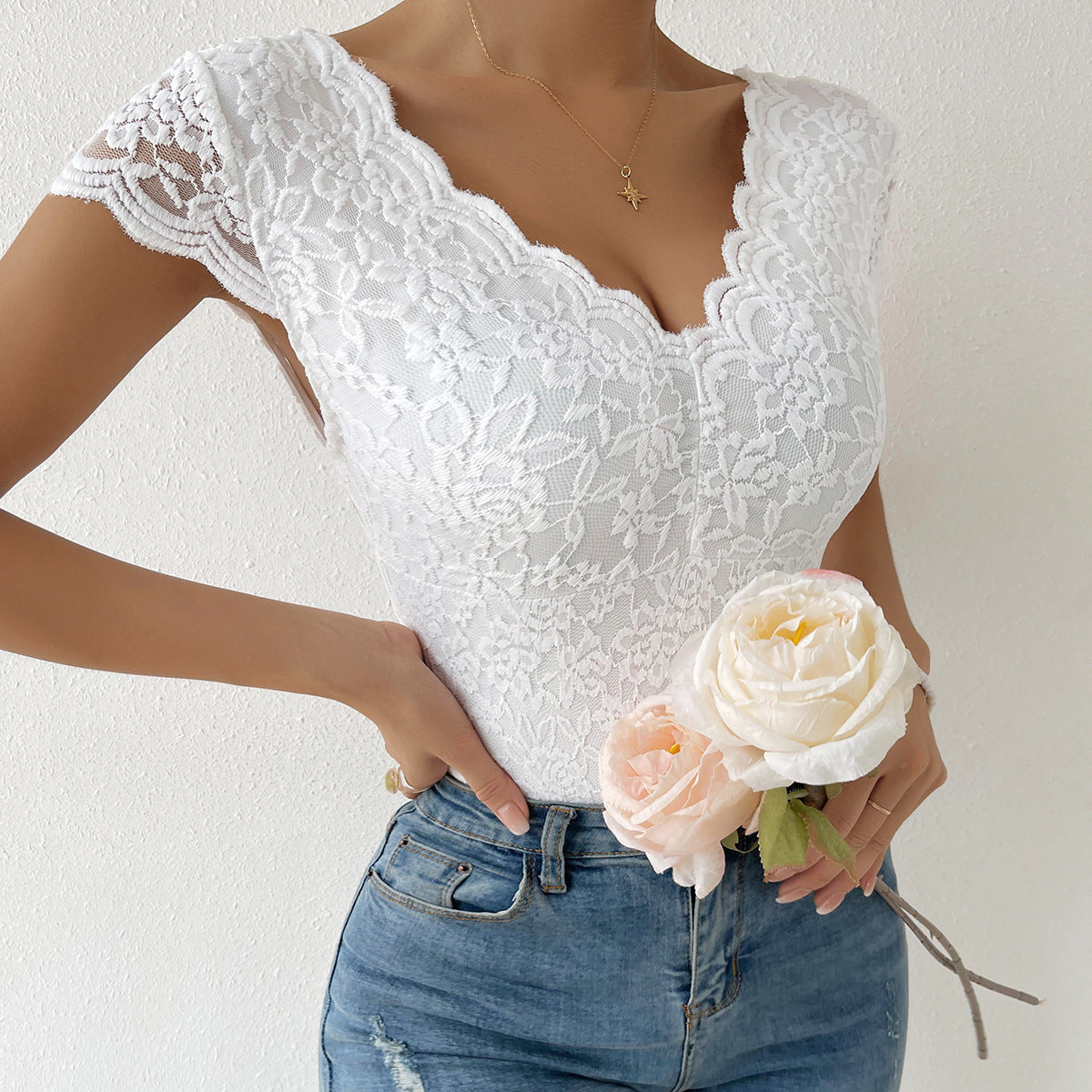 Women's Fashion Solid Color Lace Bodysuit