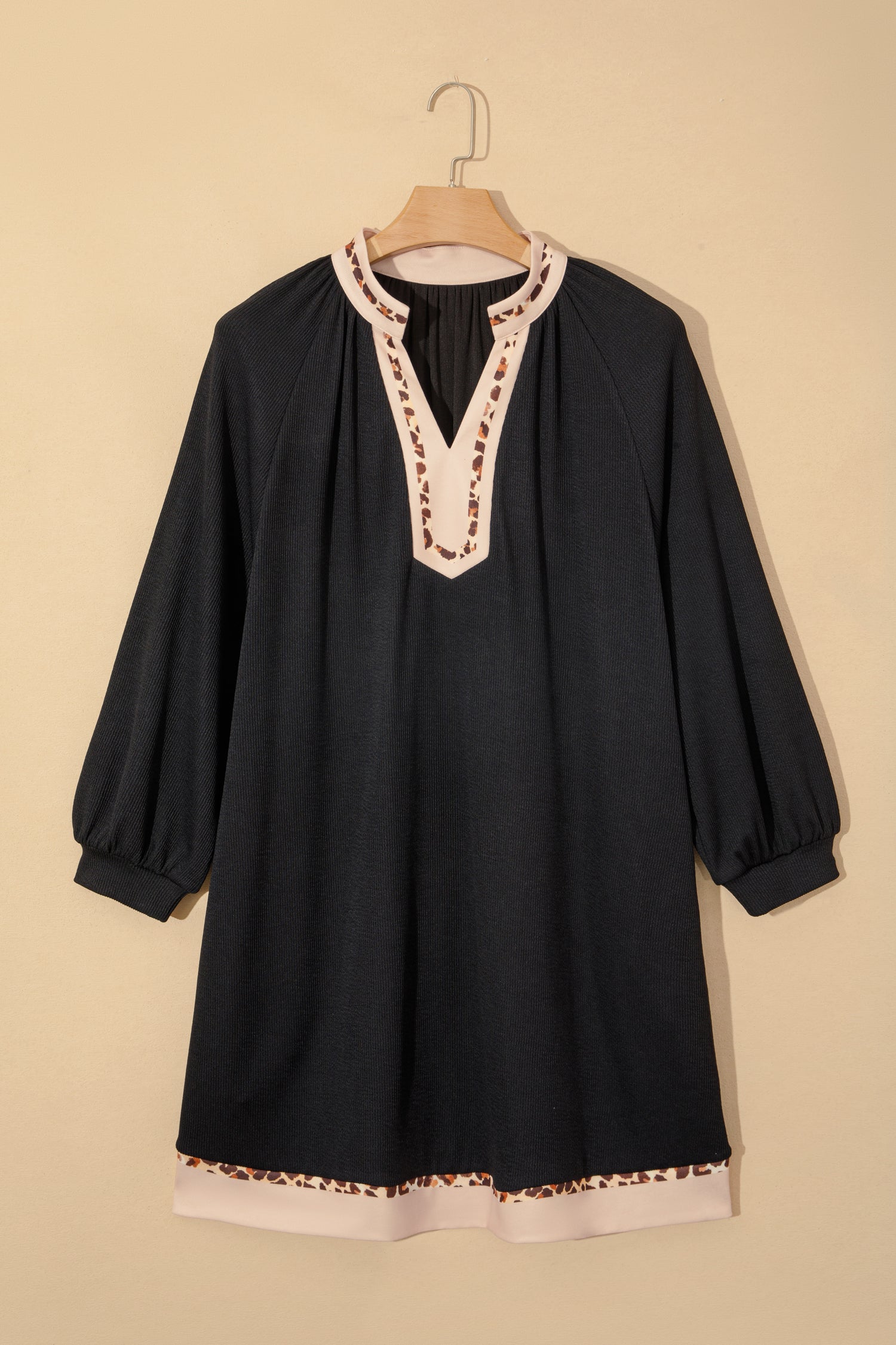 Black Contrast Color Block Leopard Trim Plus Size Ribbed Dress