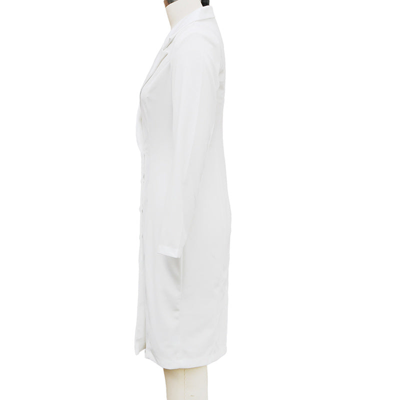 Women's Solid Color Notch Lapel Dress Long Sleeve Button Front Midi Dress For Office & Formal Wear