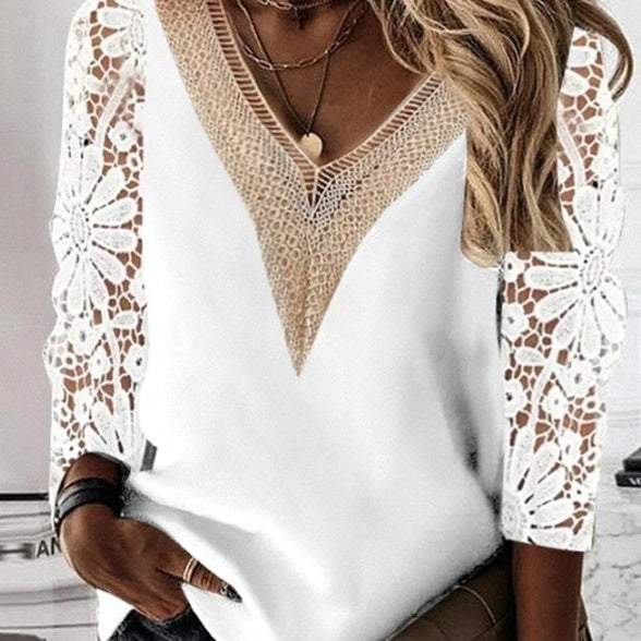 Commuter Nine-quarter Sleeve V-neck Stitching Hollow Lace Chiffon Shirt Pullover