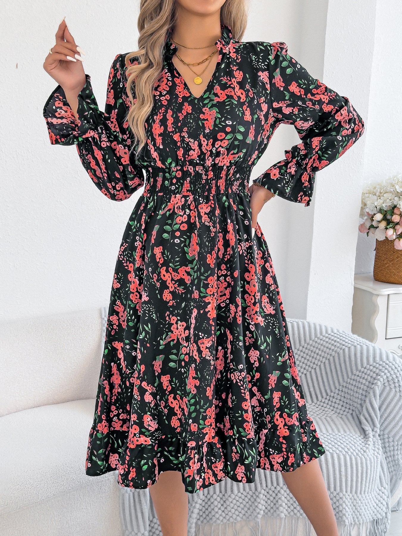 Women's Casual Floral Print Bell Sleeve Tie Waist A-Line Dress