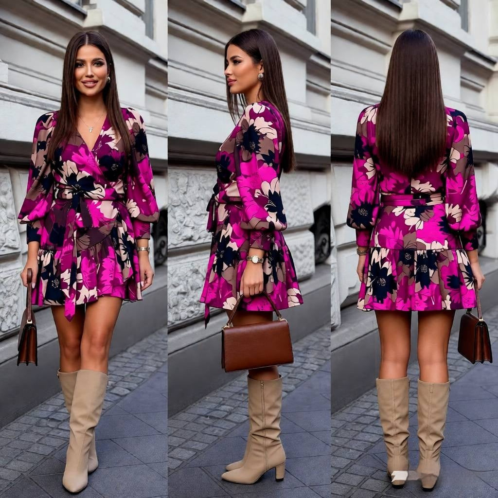 Womens Floral Print Lantern Sleeve Ruffled Long Sleeve V Neck Dress