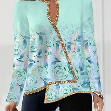 Women's V-neck Fashion Irregular Hem Long Sleeved Fitted T-shirt