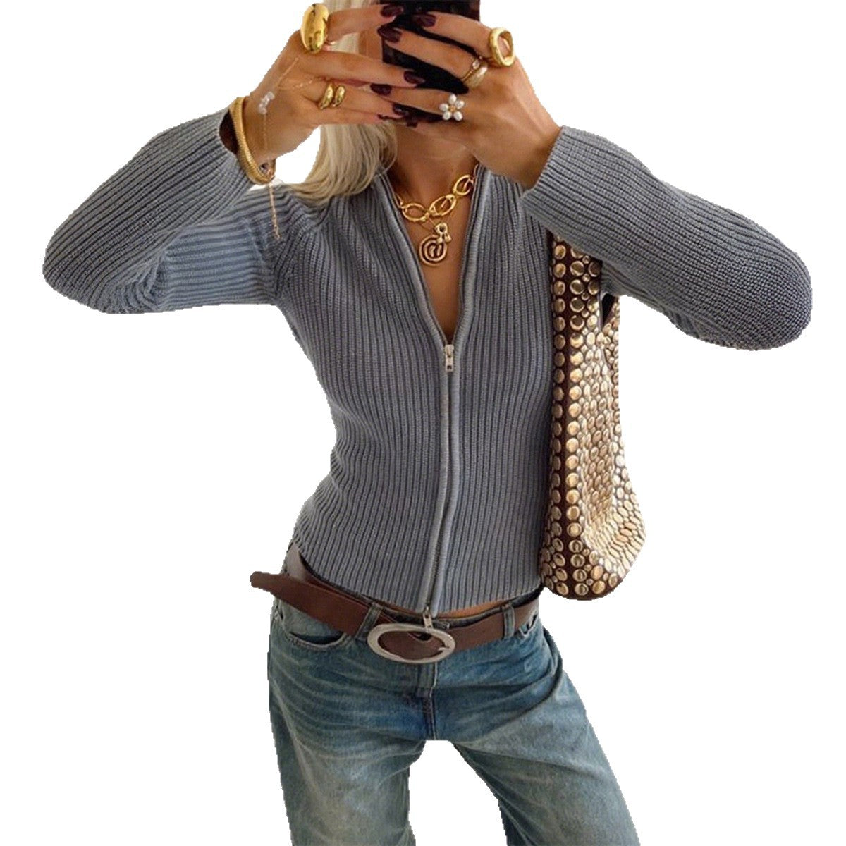 Textured Knit Streetwear Sweater With A Unique Zipper Detail