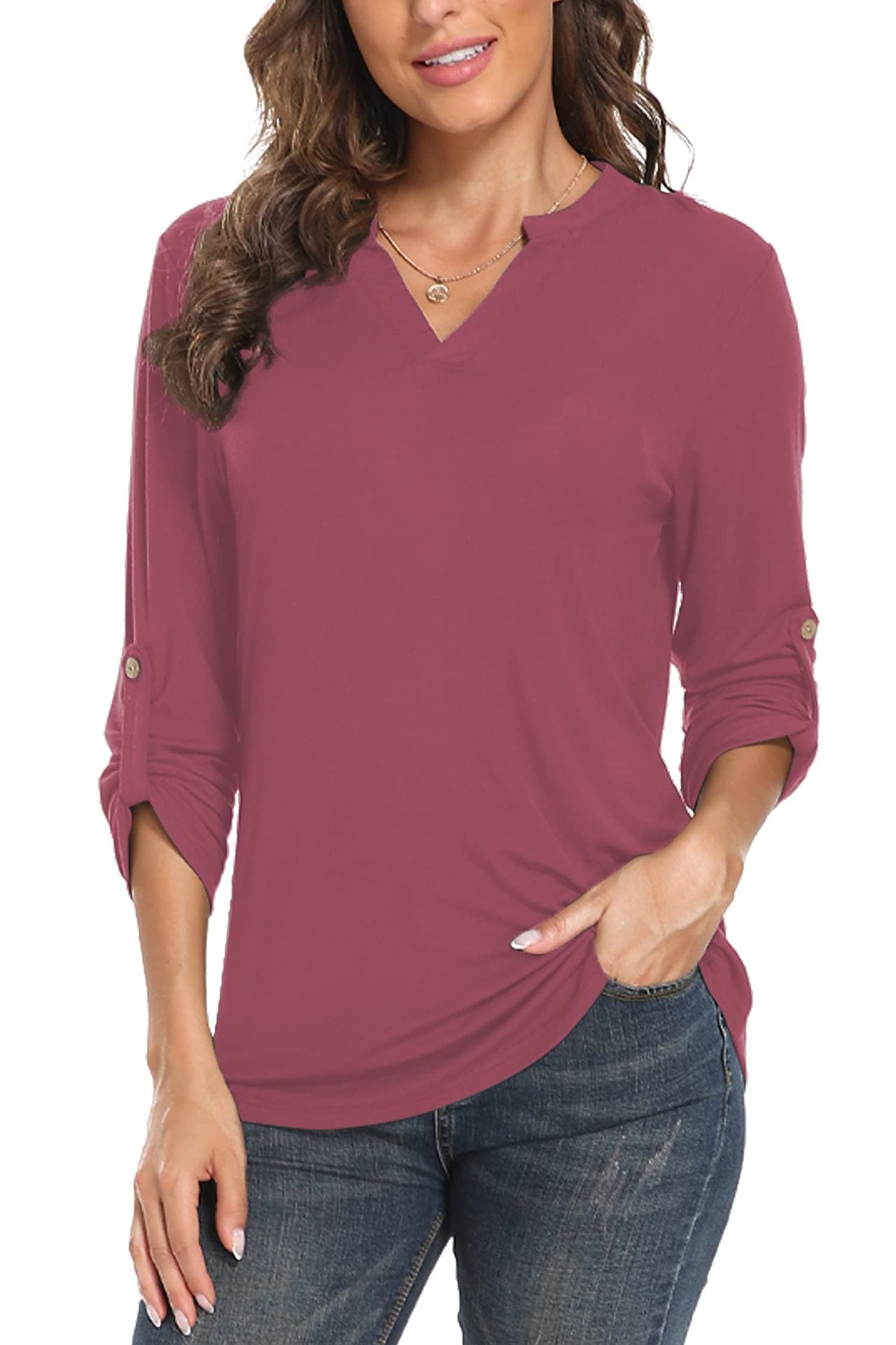 V-neck Shirt Three-quarter-length Rolled Sleeves Fitted Waist Top T-shirt