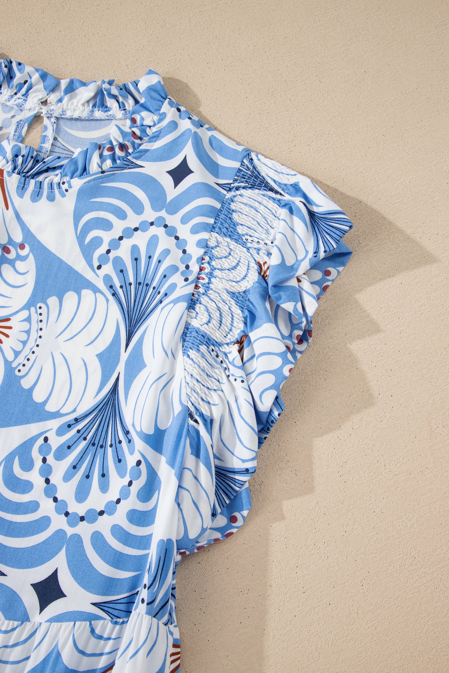 Sky Blue Tropical Botanic Print Flutter Sleeve Vacation Long Dress