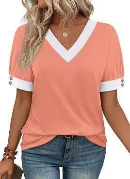 V-neck Contrast-Color Sleeveless All-Match Buttoned Pullover Short-Sleeve Top