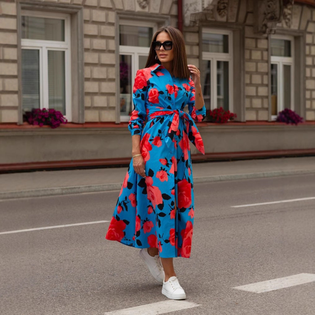 New Colorful Printed Long-sleeve Shirt Dress