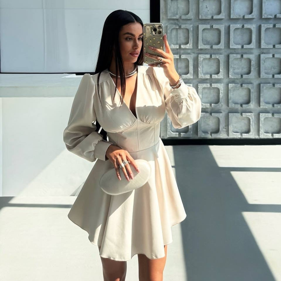 V-neck Puff-sleeve High-waisted A-line Elegant Dress