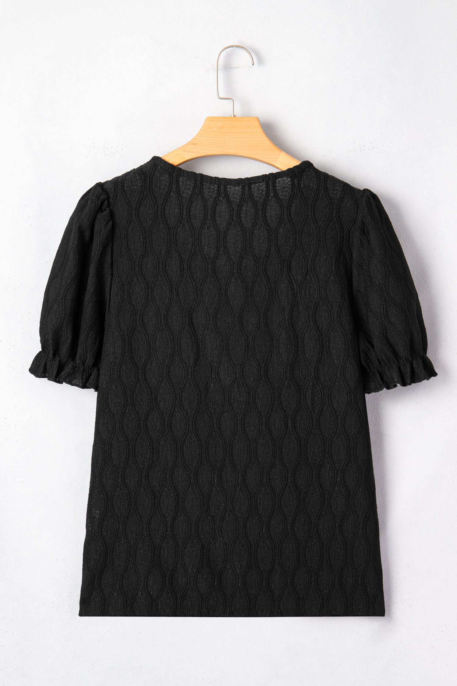Black Solid Color Textured Notched Neck Puff Sleeve Blouse