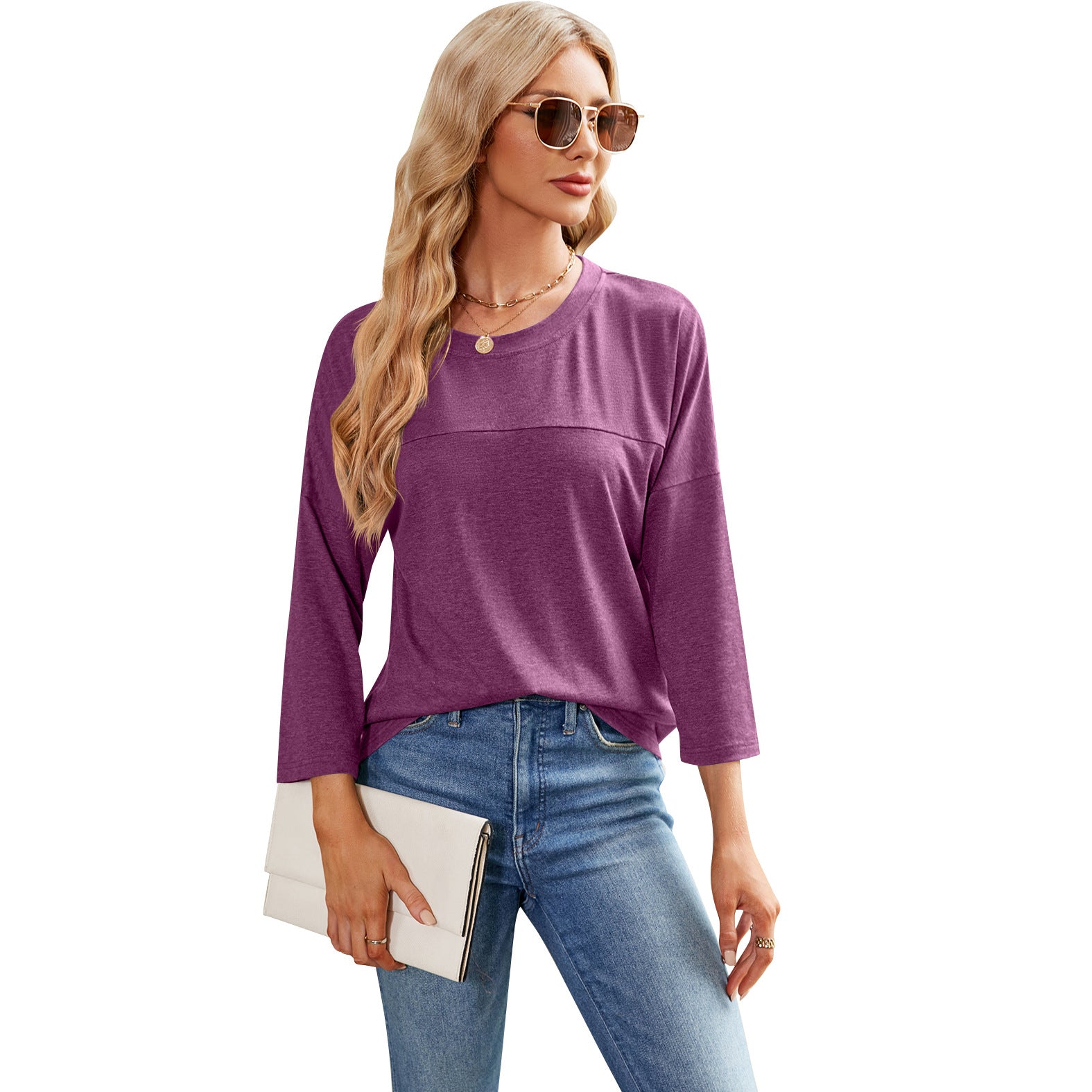 Solid Color Women's Casual Round Neck Loose T-shirt