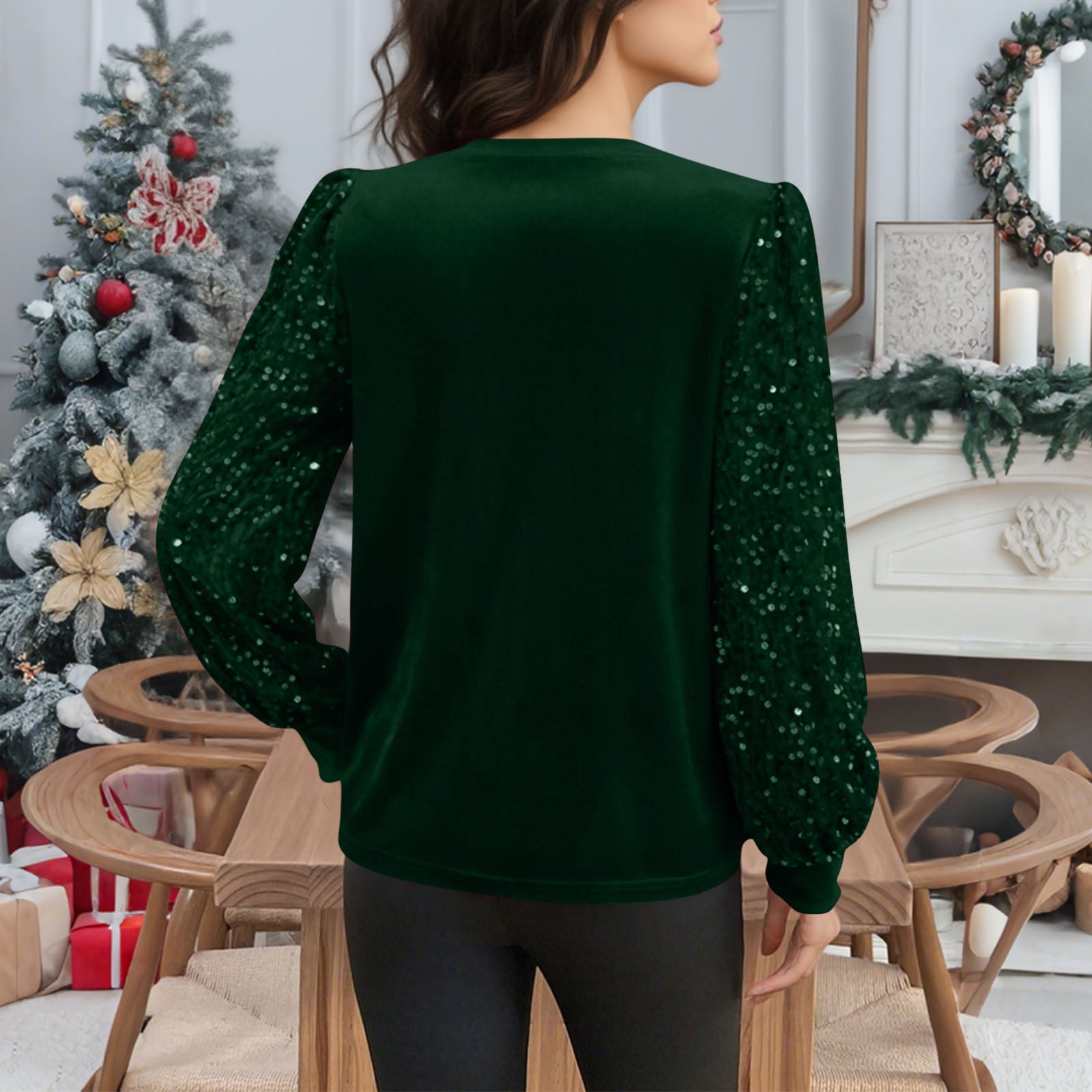 Velvet Crew-Neck Sequin-Patchwork Long-Sleeve T-Shirt Top