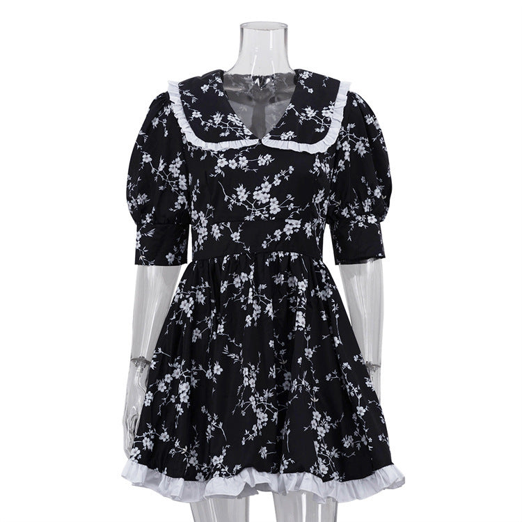 Womens Fashionable Printed Shawl Collar Patchwork Short-Sleeve Waist-Cinching Dress