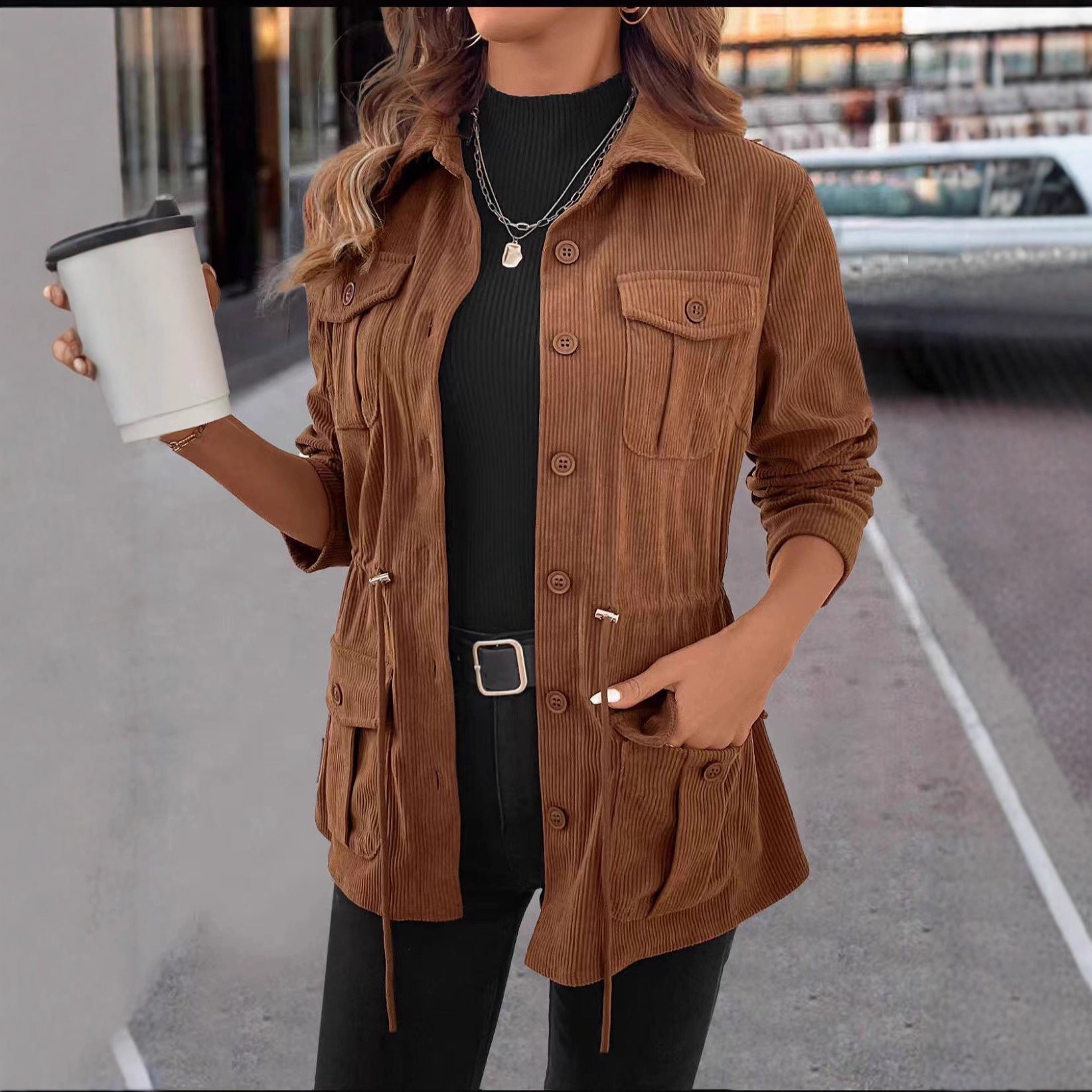 Spring And Autumn Corduroy Jacket Women's Casual Simple Solid Color Polo Collar