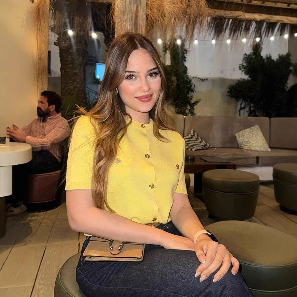 Polyester Women's Spring And Autumn Round Neck Knitted Cardigan Top