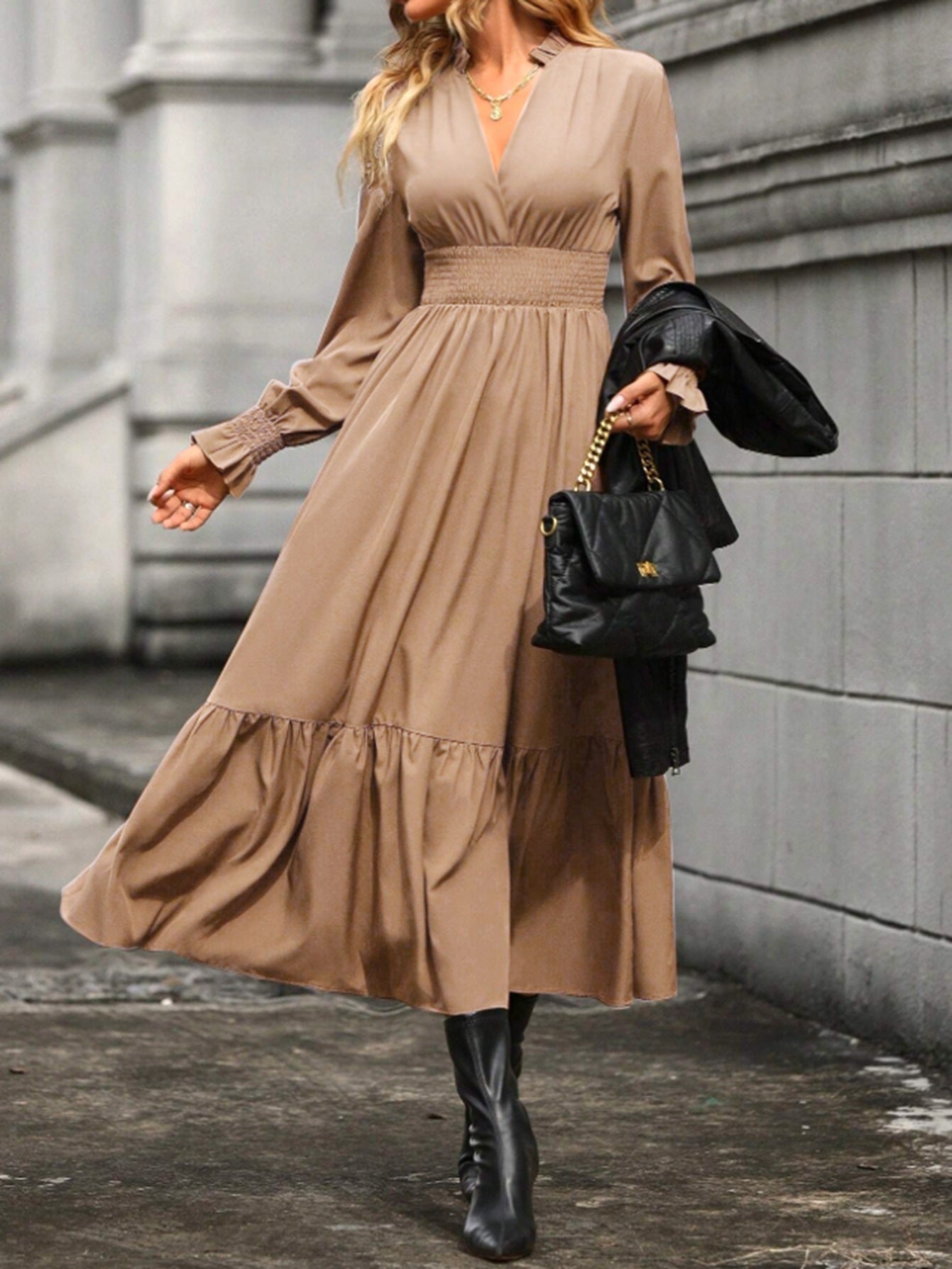 Women's Fashion Lantern Long Sleeve V-neck Dress