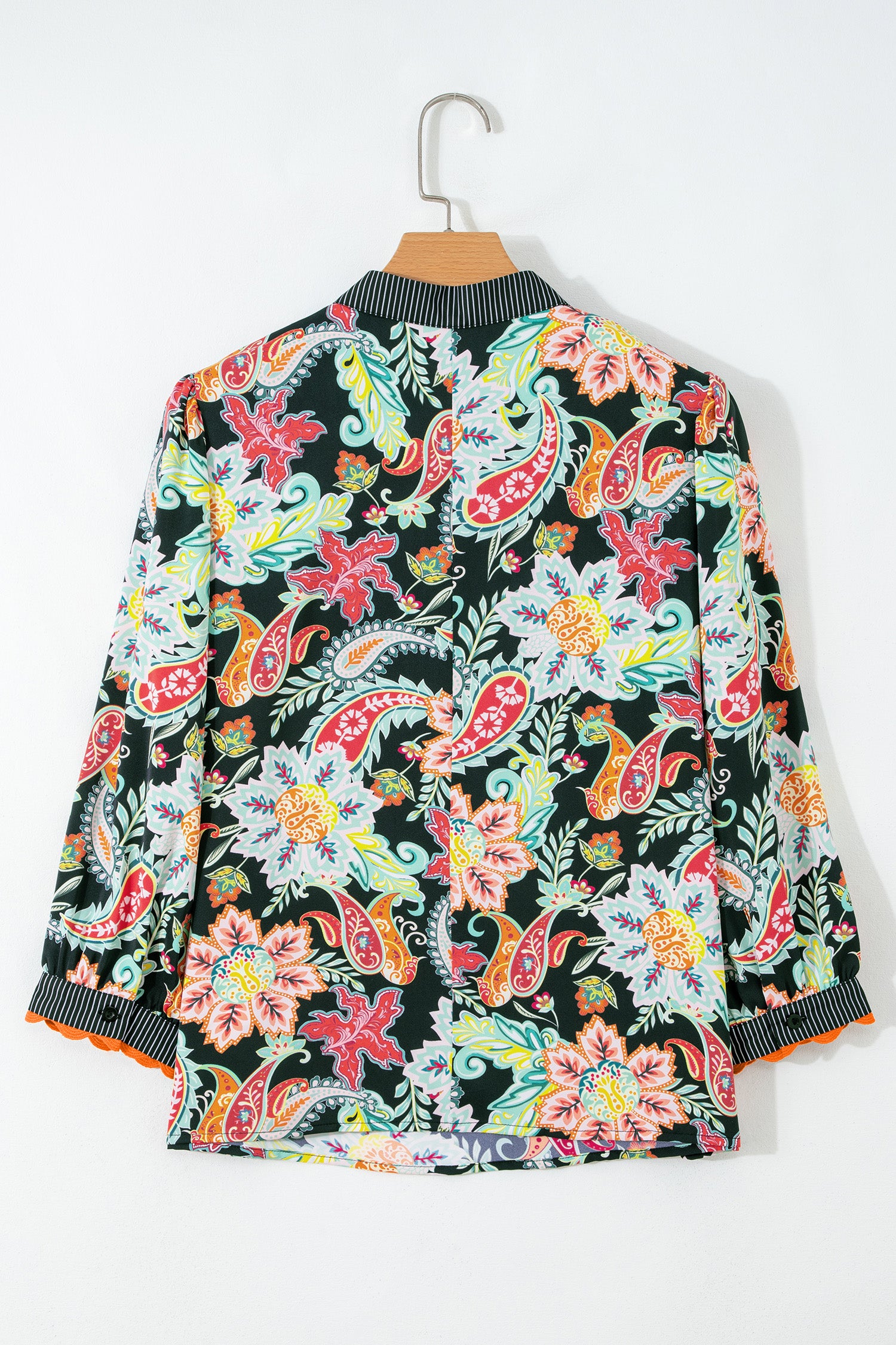 Black Contrast Ricrac Trim Striped Edge Patchwork Floral Print Blouse