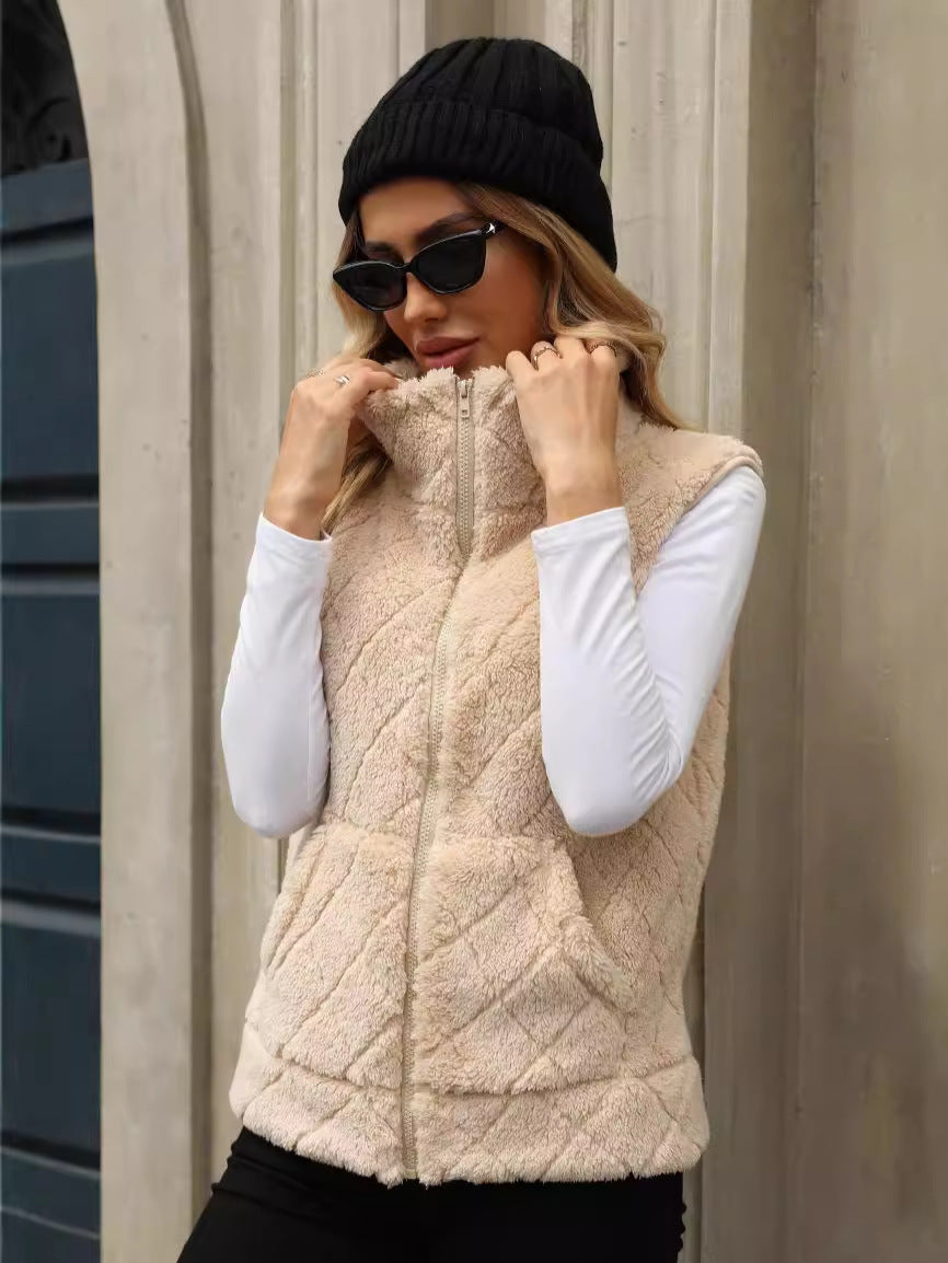 Women's Clothing Cardigan Zipper Loose Diamond Lattice Coat Plush Vest