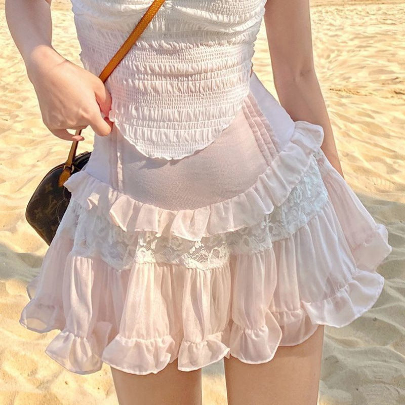 Sweet Girl Lolita High Waist Slimming Flounce Chiffon Lace Skirt