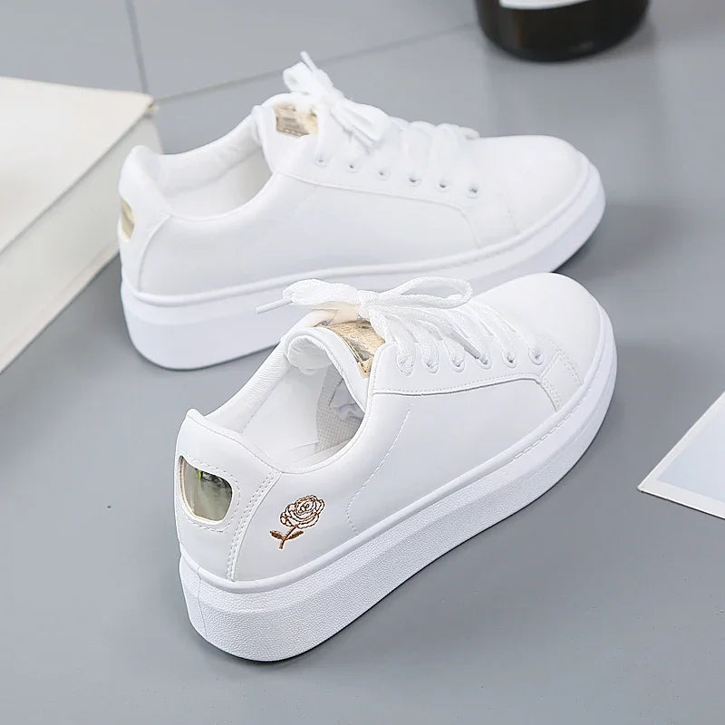 Women Casual Shoes New Spring Fashion Embroidered White Breathable Flower Lace-Up Sneakers White Tenis Feminino Flat Zapatillas
