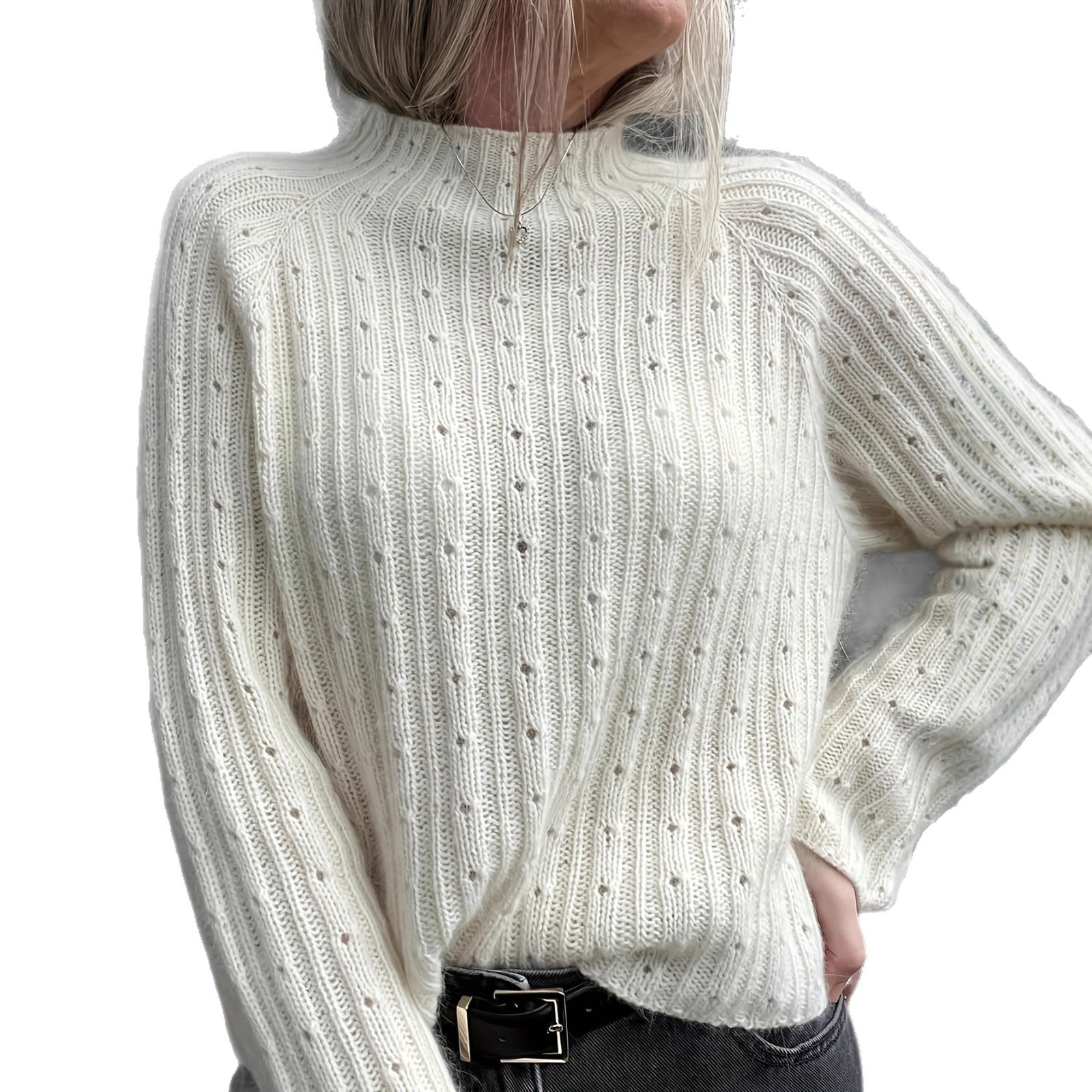 Laid-back Style Hollow-out Knitted Pullover With A Crew Neck