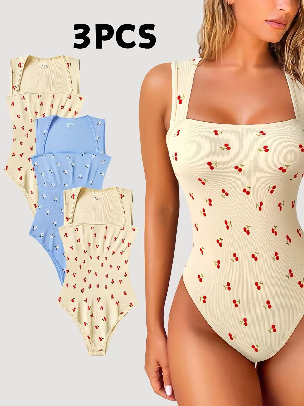 3 Pack NEW Women's Summer Outfit Baby Blue Cherry Print Jumpsuit For Women Vintage Chic