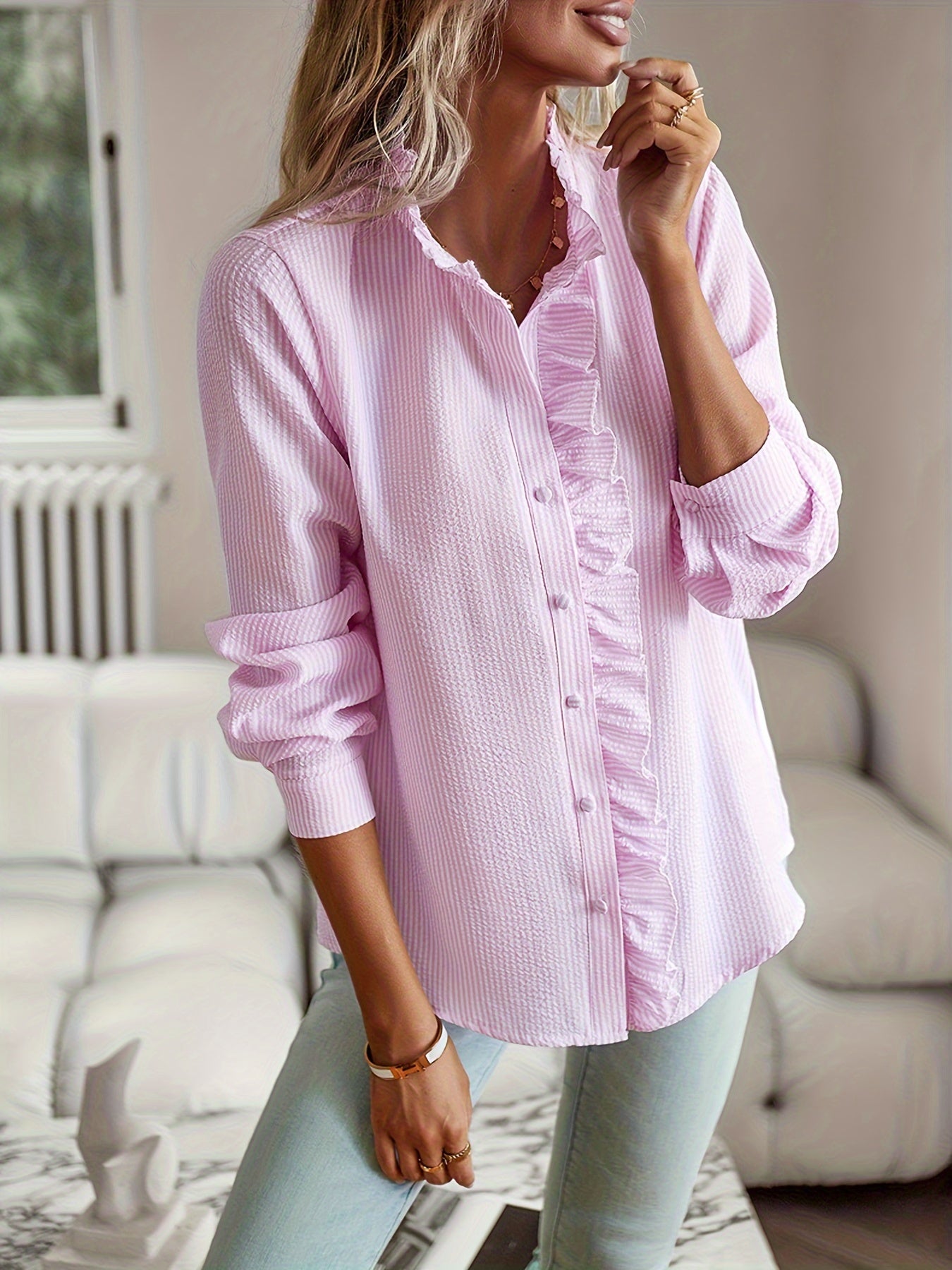 2026 New Western Style Cross-border Stand Collar Autumn Ruffled Cardigan Ruffle Long Sleeve Bubble Top Women's Shirt