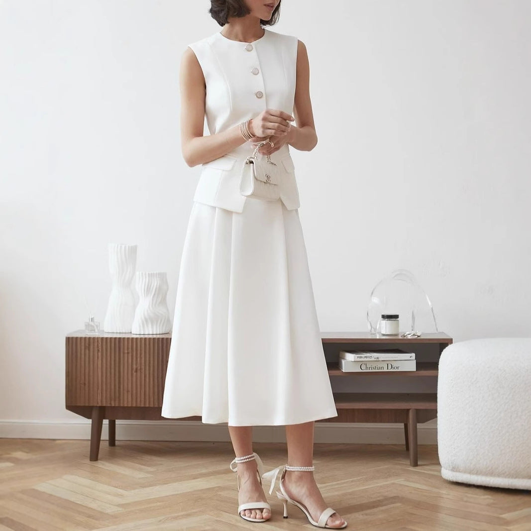 Button Sleeveless Suit Vest High Waist Skirt