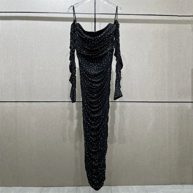 Womens dresses Spring New in Shiny hot diamond decoration sexy Off Shoulder Dress Pleated slim fit Long dresses Party dress