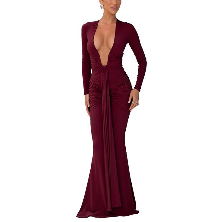 Solid-color Elegant Deep-V Waist-cinched Sexy Long-sleeve Dress With Fluttering Ribbons For Women