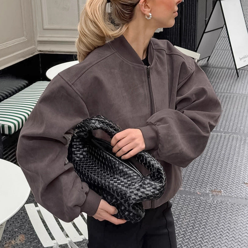 Suede American High Street Stand Collar Long Sleeve Bomber Zip Jacket