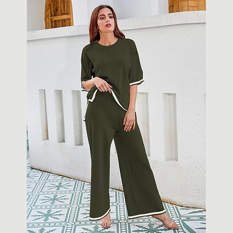 Knitted suit sweater suit short sleeve pullover wide leg pants