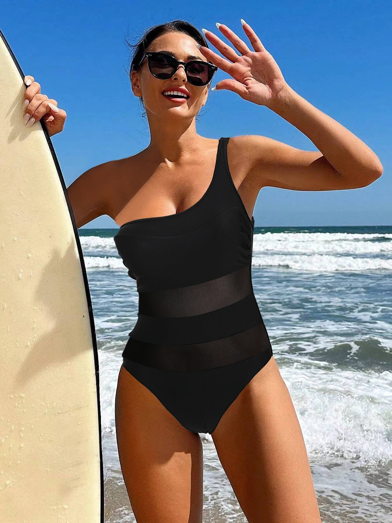 One piece swimsuit for high-end belly covering and slimming women, tight fitting mesh one-piece swimsuit