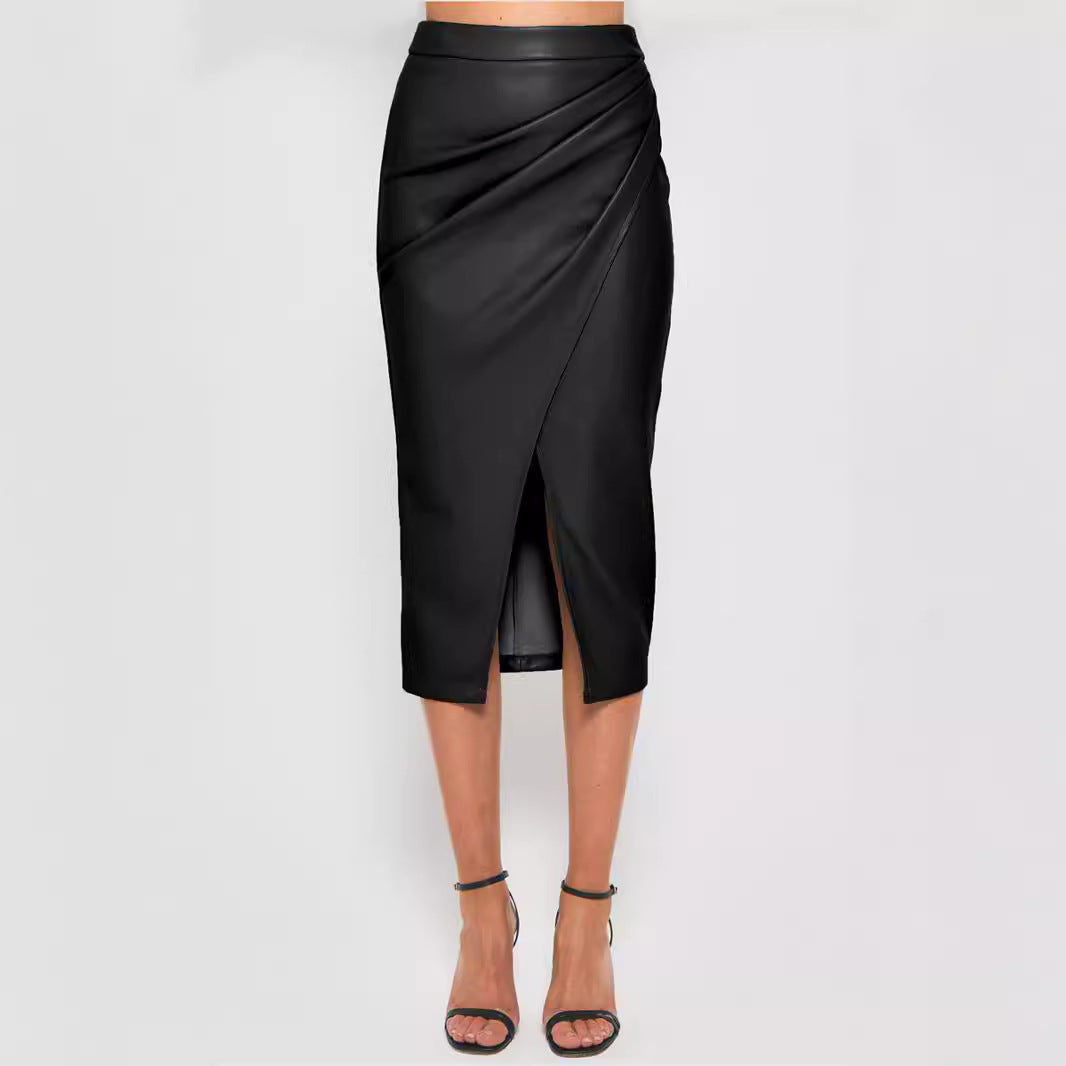 Women's High Waist Zipper Heap Pleated Leather Skirt