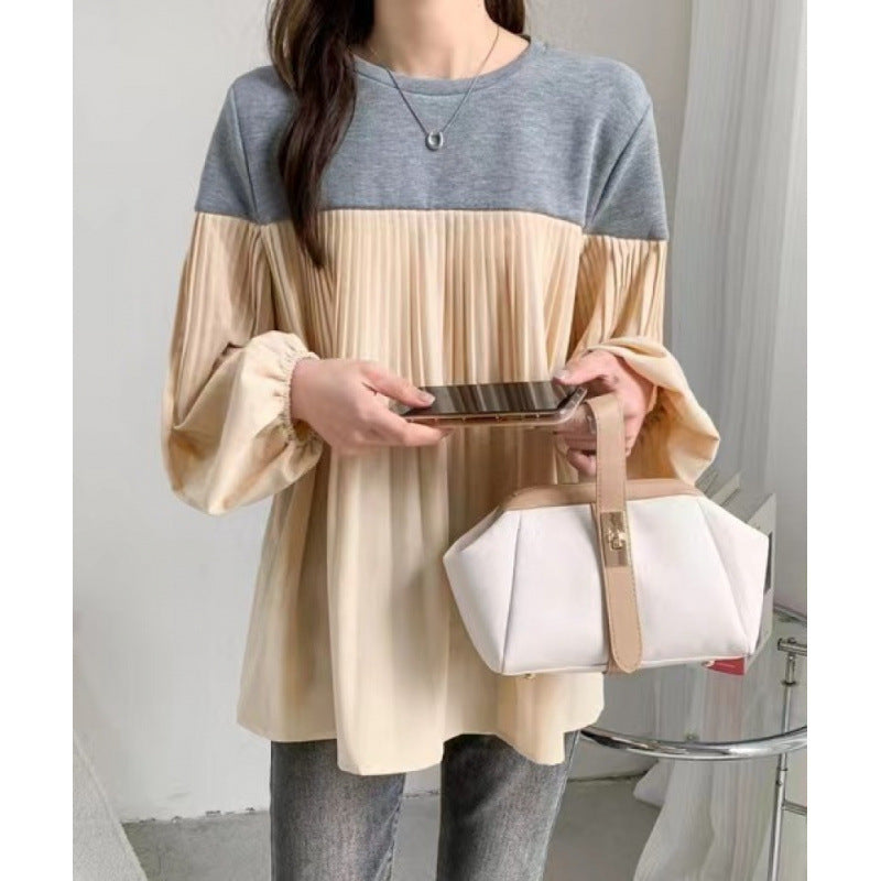 Elastic Lantern Sleeve Round Neck Contrast Color Pleated Long Sleeve Sweater