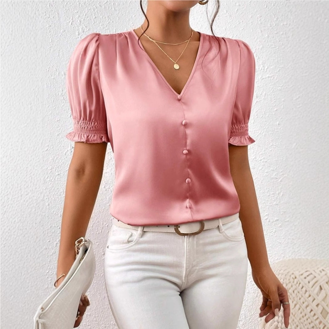 New Satin V-neck Buttons Casual Short-sleeved Ruffled Blouse