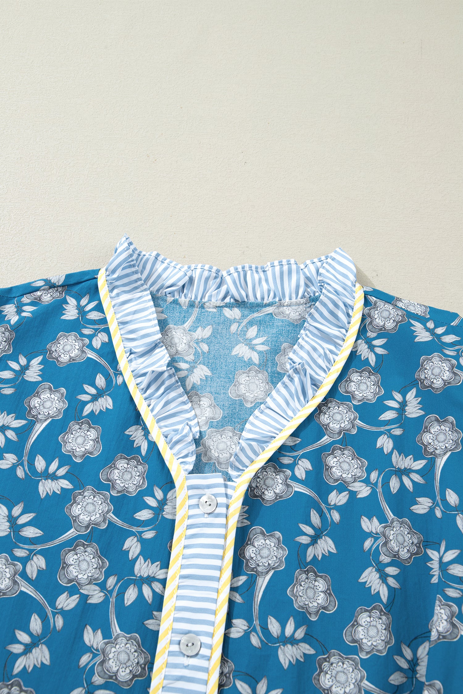 Blue Plus Size Floral Print Striped Patchwork Detail Button Front Ruffle Hem Dress