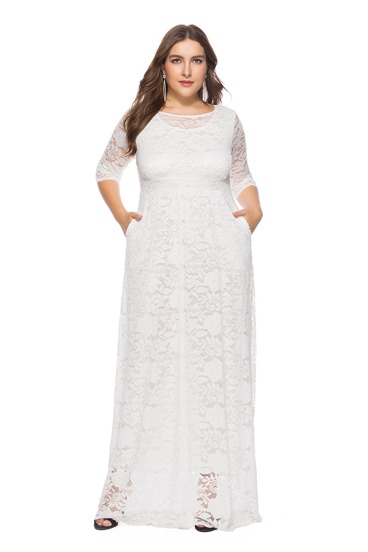 Plus Size Women New Hollow Lace Pocket Dress