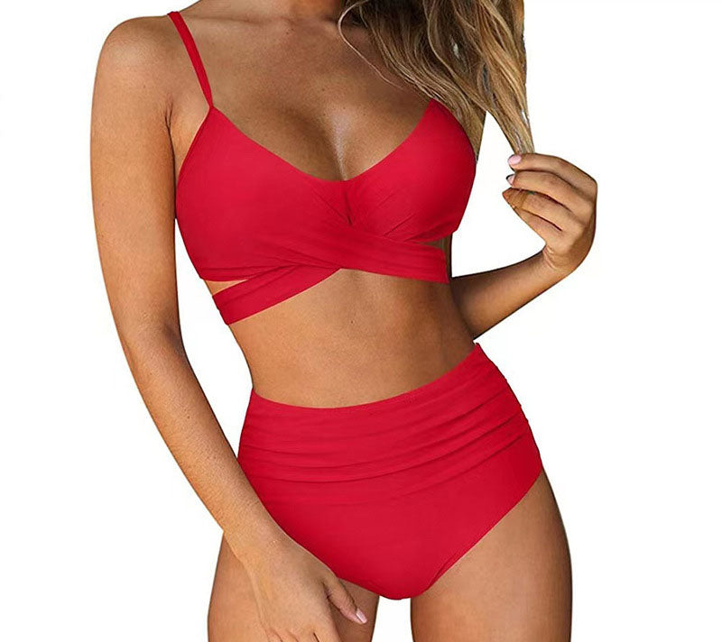 European and American swimsuit women's sexy solid color split bikini lace up high waisted leopard print cross tight swimsuit