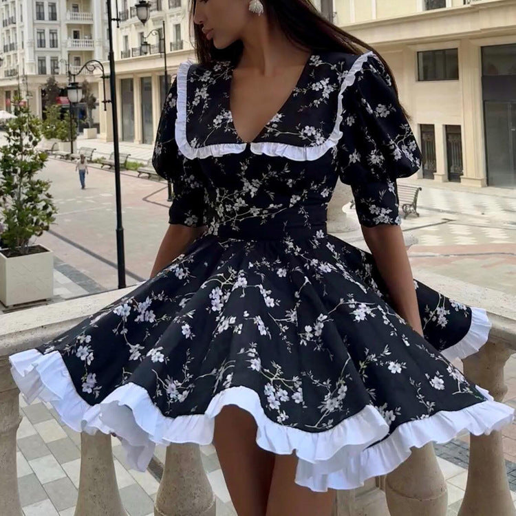 Womens Fashionable Printed Shawl Collar Patchwork Short-Sleeve Waist-Cinching Dress