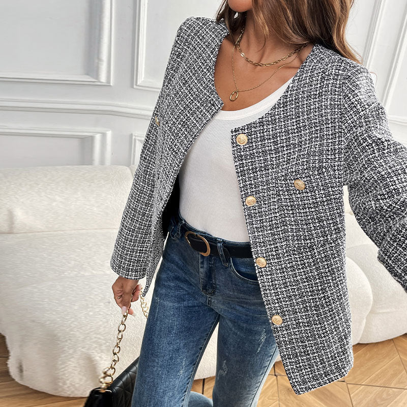 Loose Metal Button Single-breasted Plaid Coat For Women