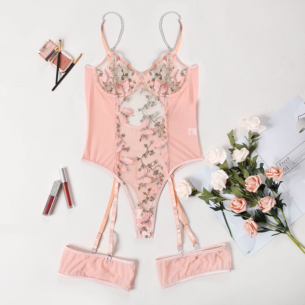 Women's Embroidered Floral Mesh Tie Basement Bodysuit