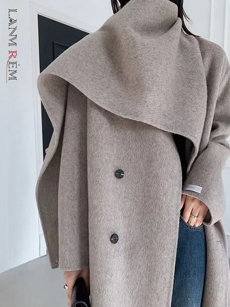 Cappotti con cintura in lana double face da donna autunno e inverno nuovo collo a sciarpa con collo a scialle doppiopetto tinta unita