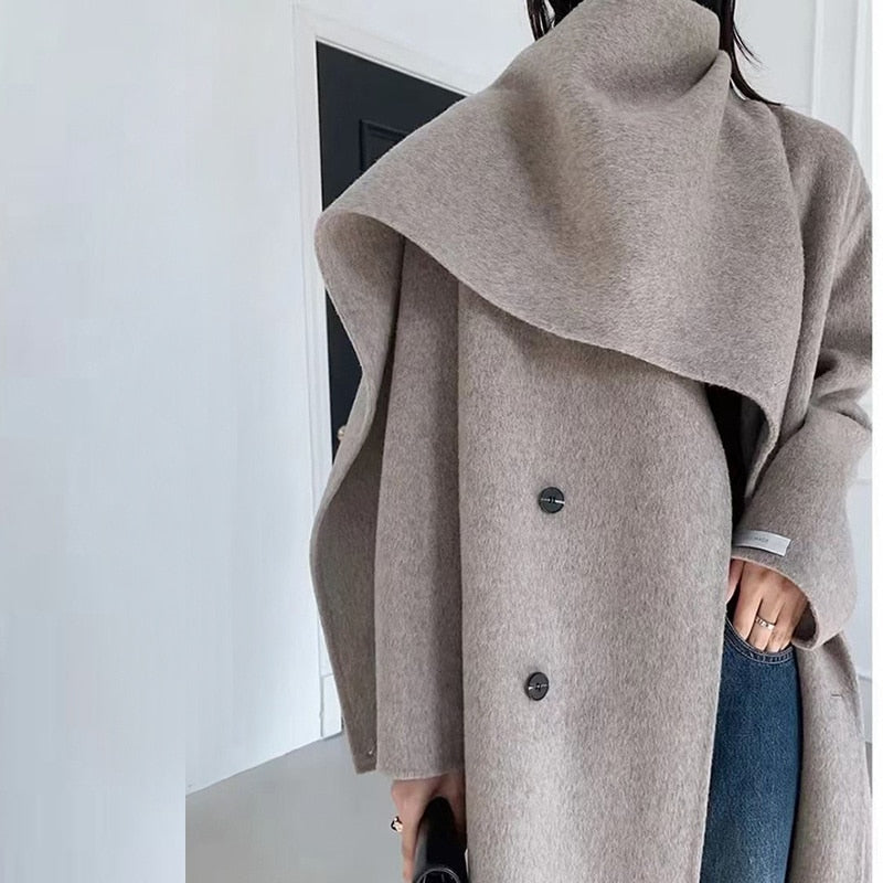 Cappotti con cintura in lana double face da donna autunno e inverno nuovo collo a sciarpa con collo a scialle doppiopetto tinta unita