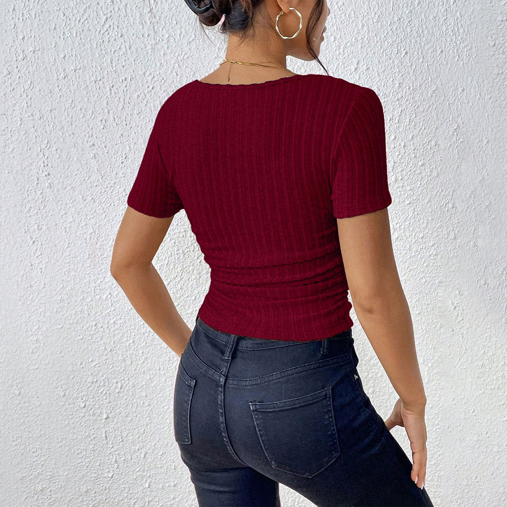 T-shirt With A Mature And Elegant Style Wine-red Short-sleeved Top