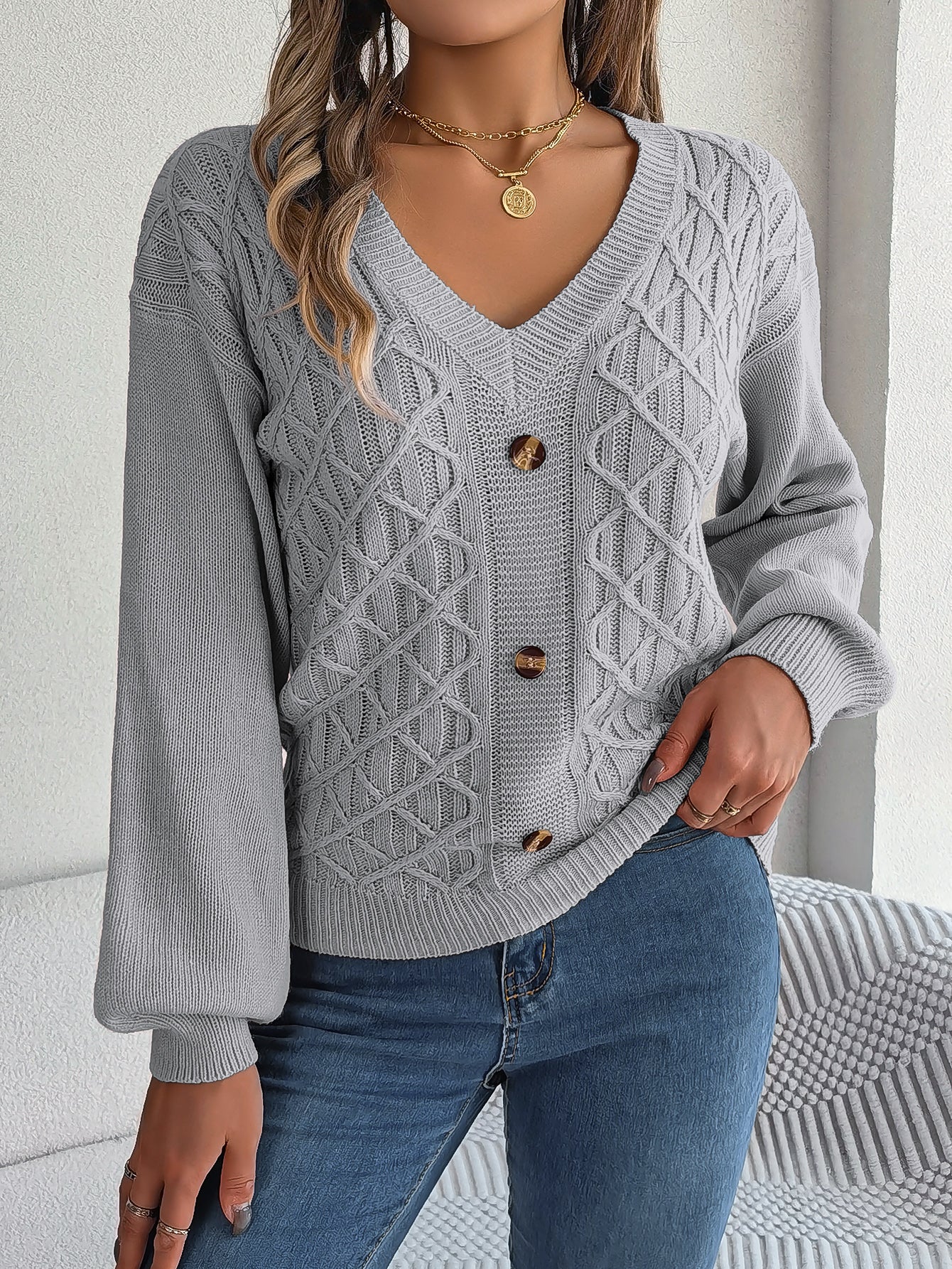 Women Casual Button Cable Knit Lantern Sleeve Pullover Sweater